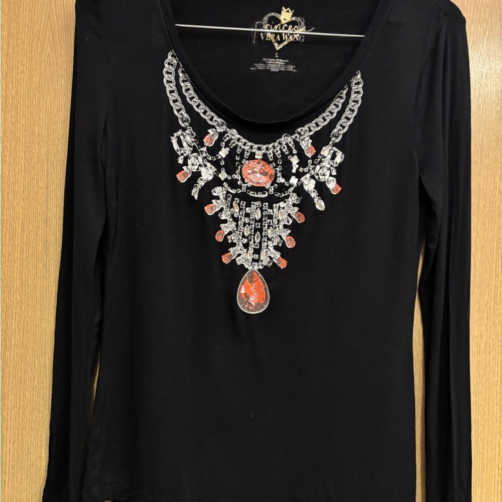 Vintage Vera Wang Black Long Sleeve Top with Silver and Pink Accents